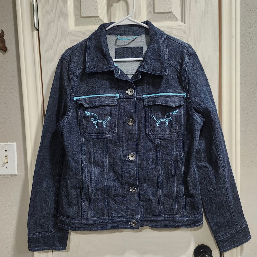 California Denim Jacket Womens Medium Dark Wash Turquoise Embroidery Stretch